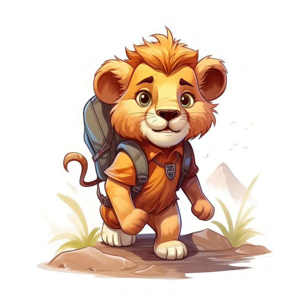 Lion character hiking summer cartoon animal mammal.