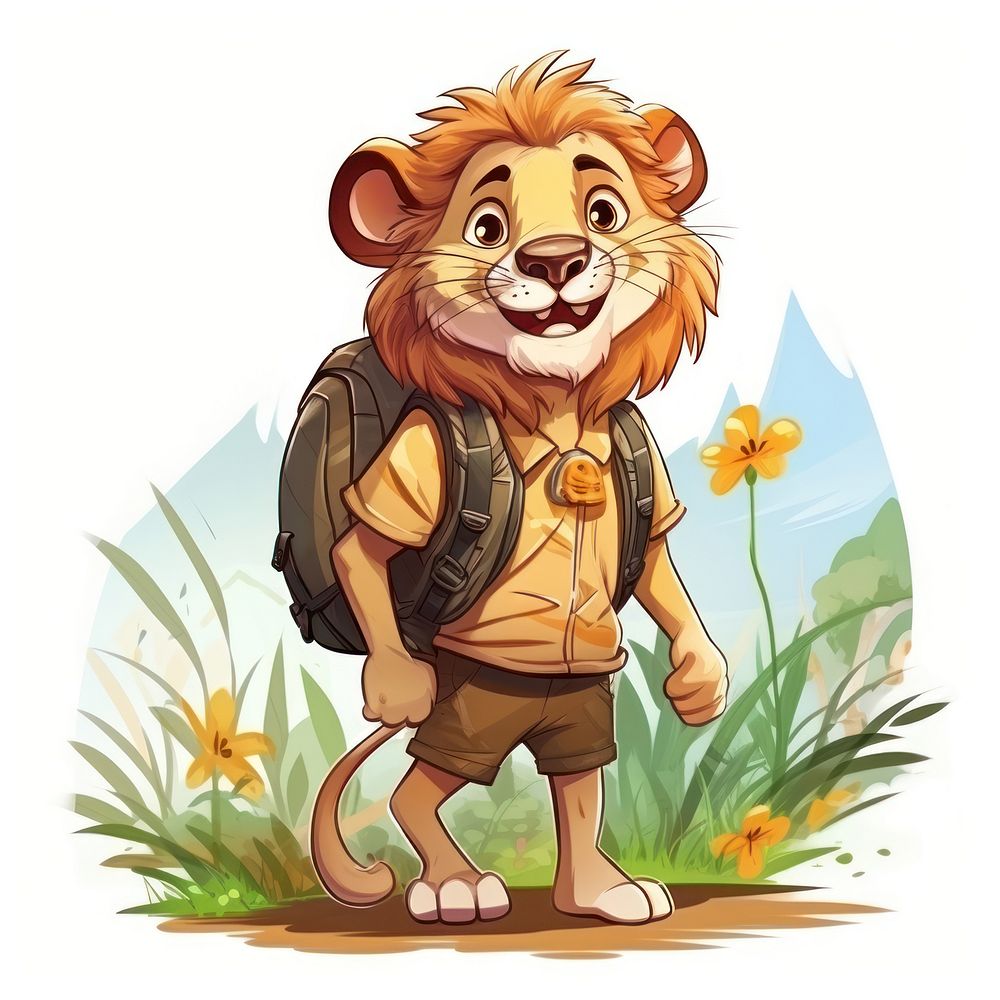 Lion character hiking summer cartoon mammal animal.
