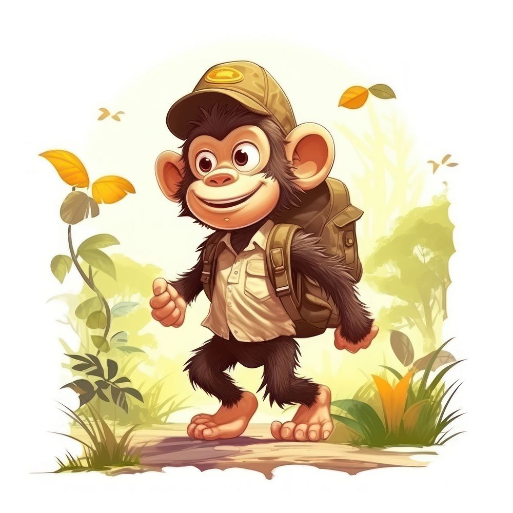 Monkey character hiking summer cartoon animal mammal.