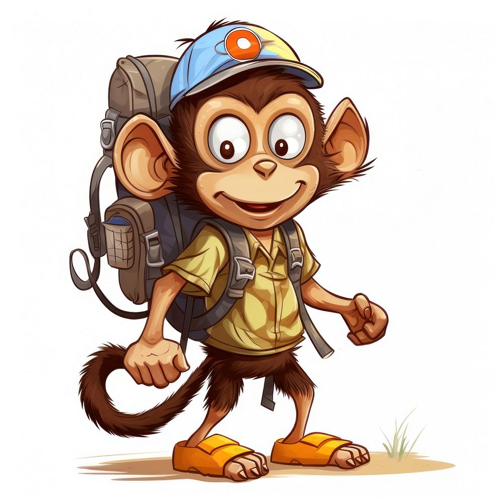 Monkey character hiking summer cartoon mammal animal.