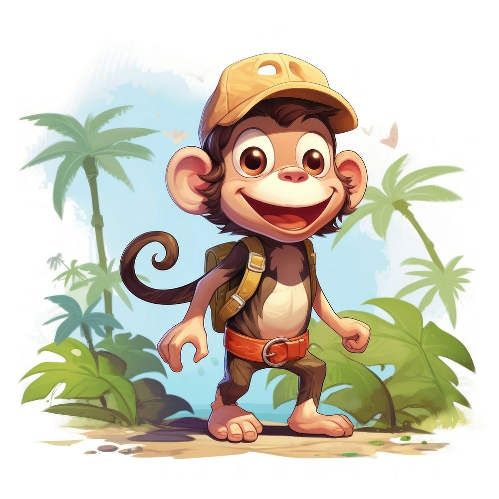 Monkey character hiking summer cartoon plant cute.