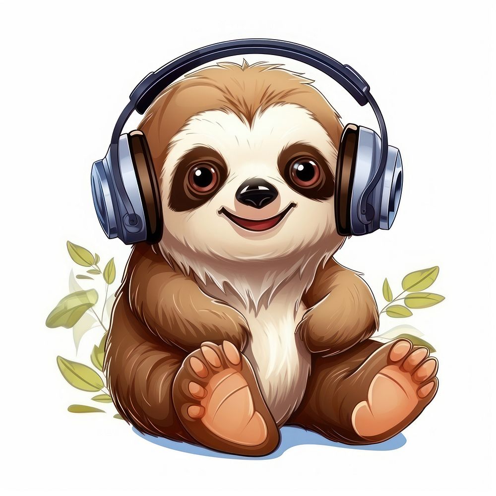 Sloth character listen headphone headphones headset cartoon.