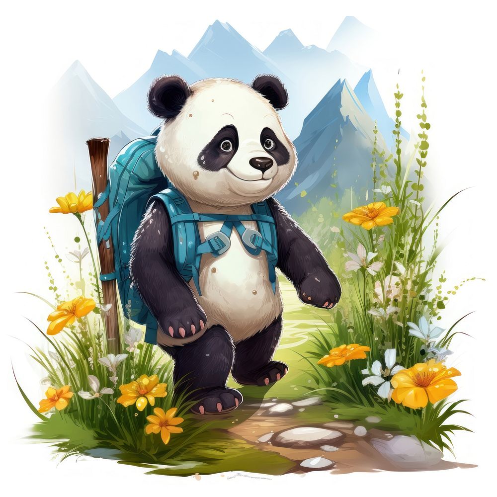 Panda character hiking summer cartoon mammal animal.