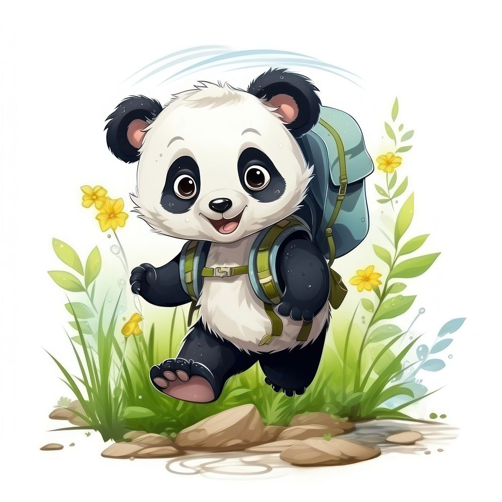 Panda character hiking summer animal cartoon mammal.
