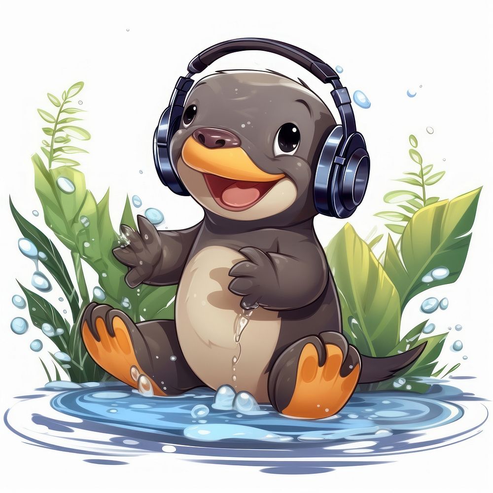 Platypus character listen headphone headphones headset cartoon.