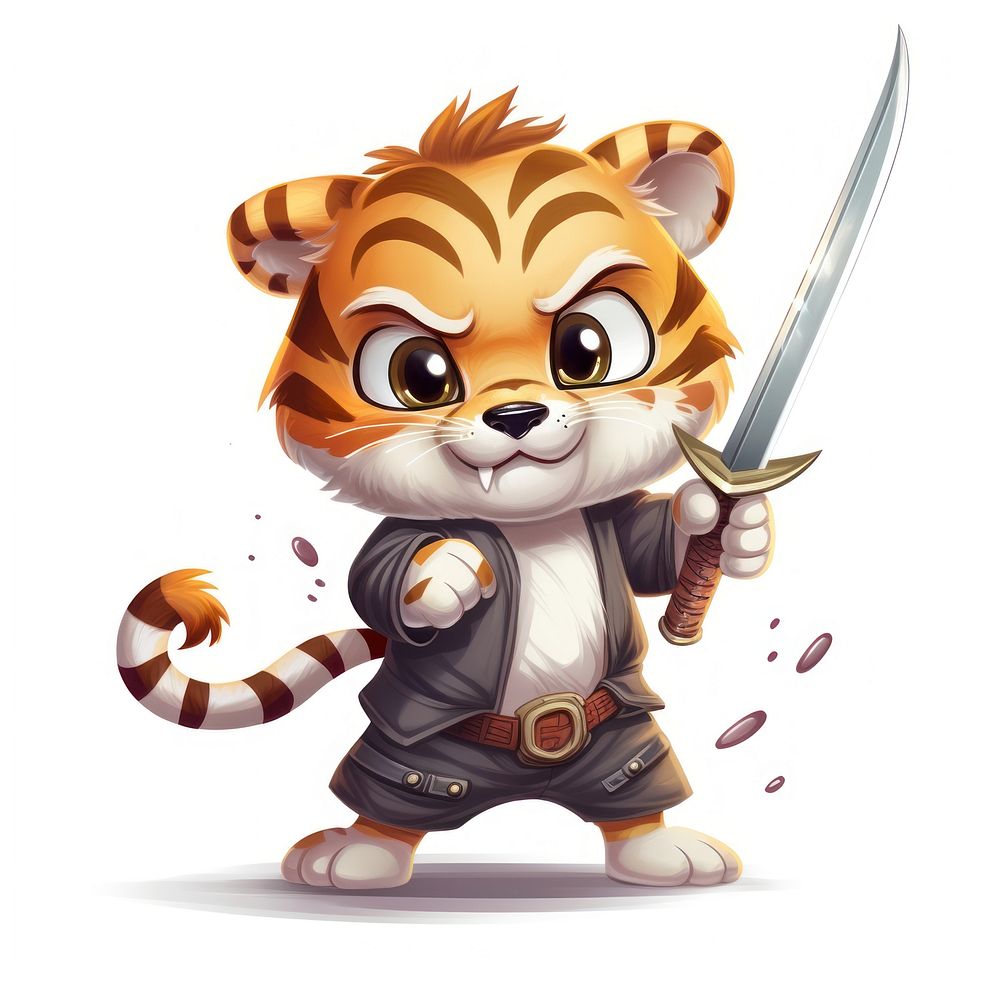 Tiger character hold sword cartoon animal comics.
