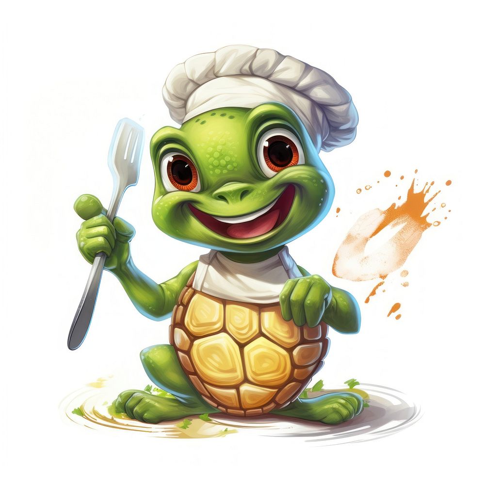 Turtle character cooking cartoon cute fun.