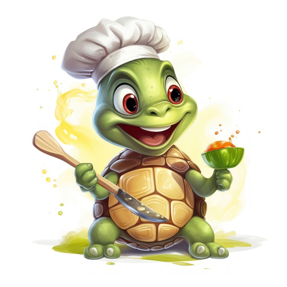 Turtle character cooking cartoon cute representation.