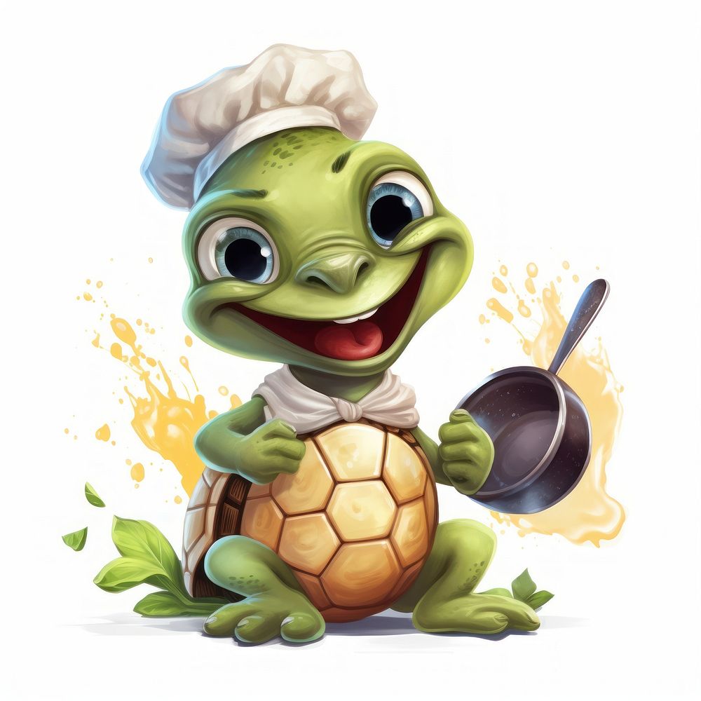 Turtle character cooking cartoon cute fun.