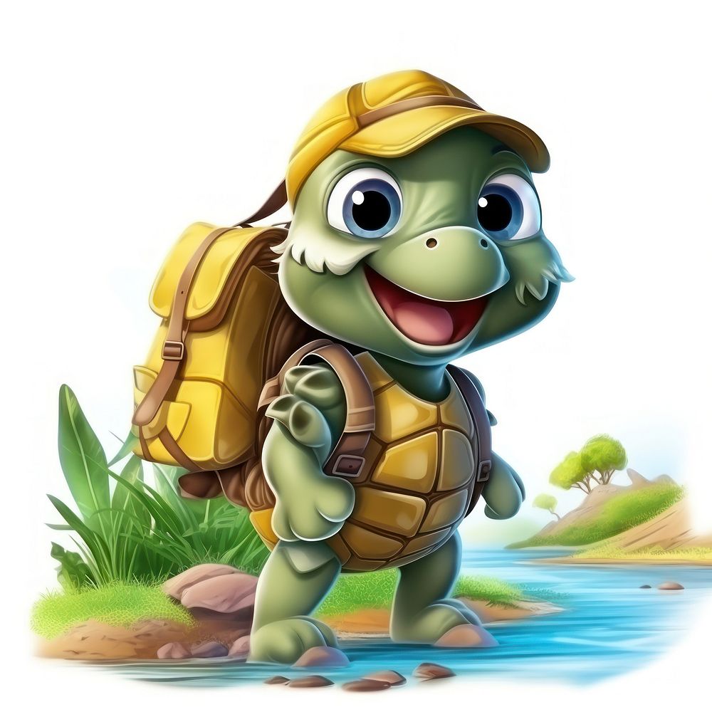 Turtle character hiking summer cartoon animal representation.