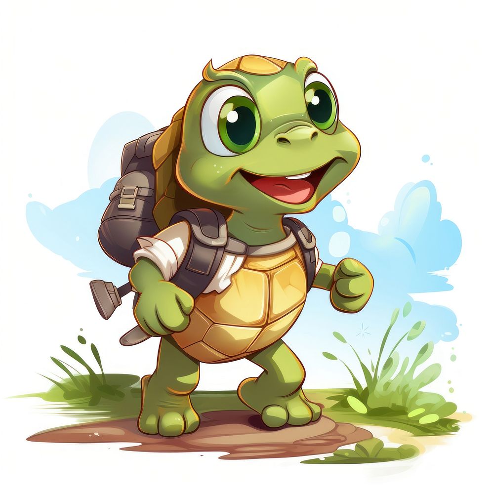 Turtle character hiking summer animal amphibian cartoon.