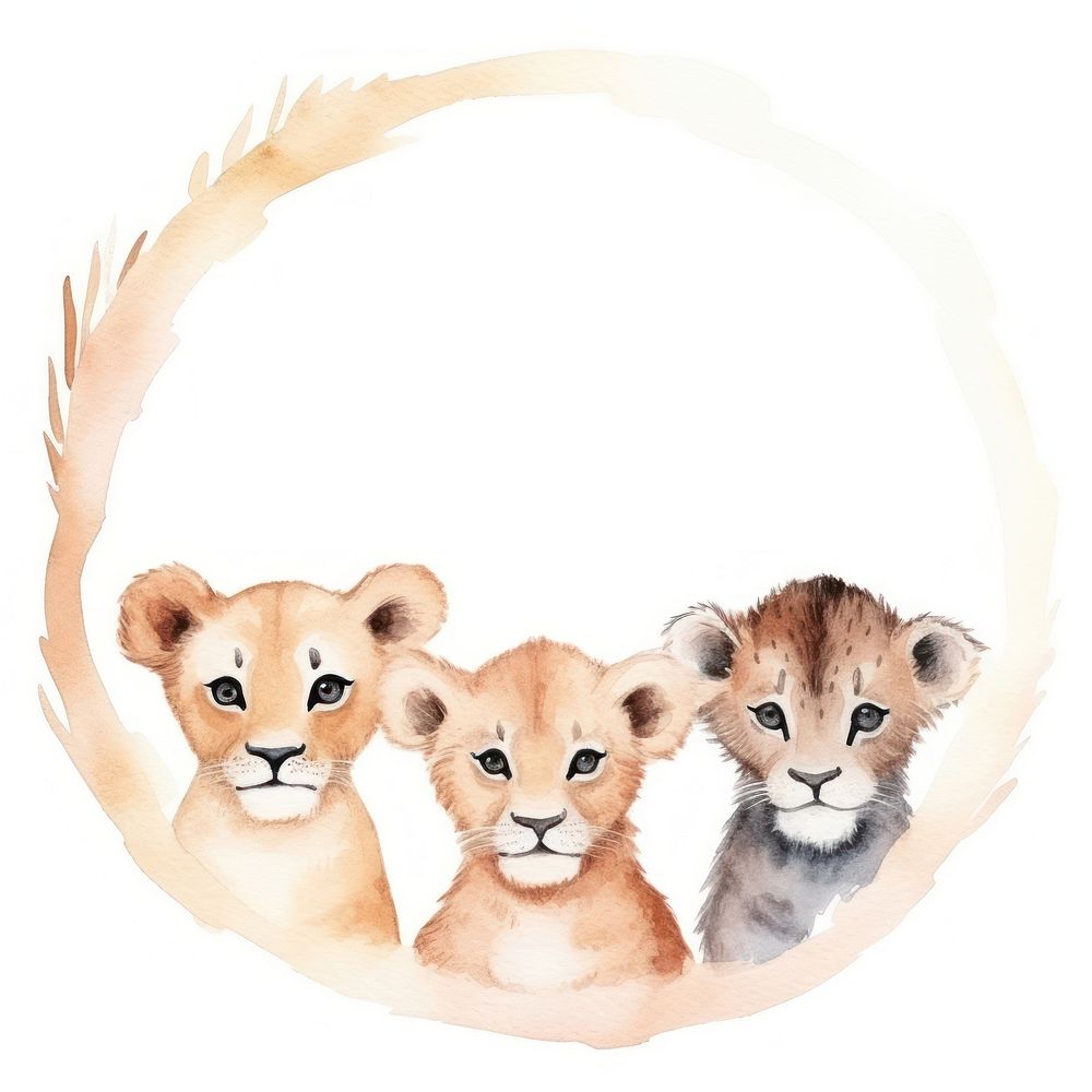 Baby lions circle border mammal animal white background.