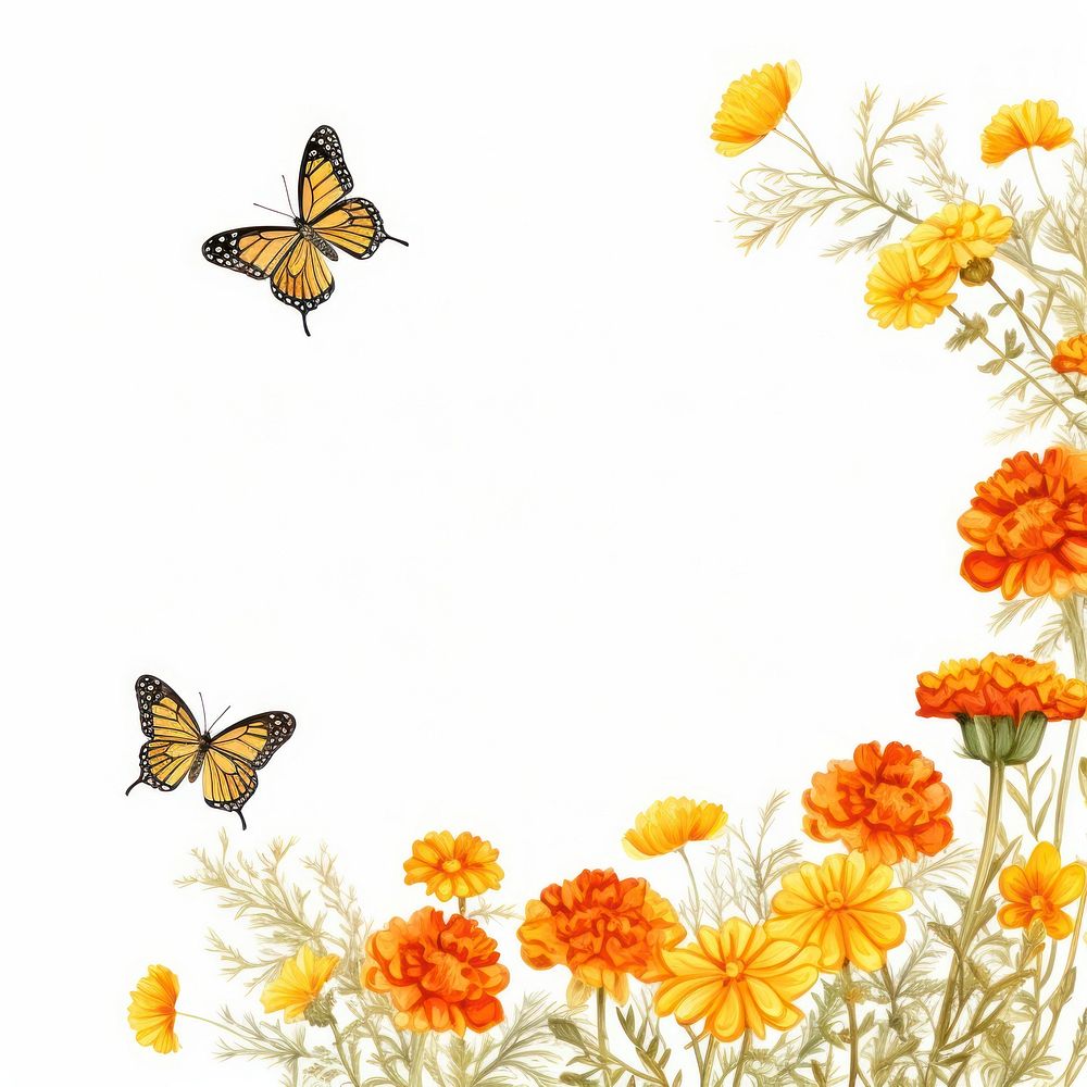 Marigold and butterfly cercle border flower insect plant.