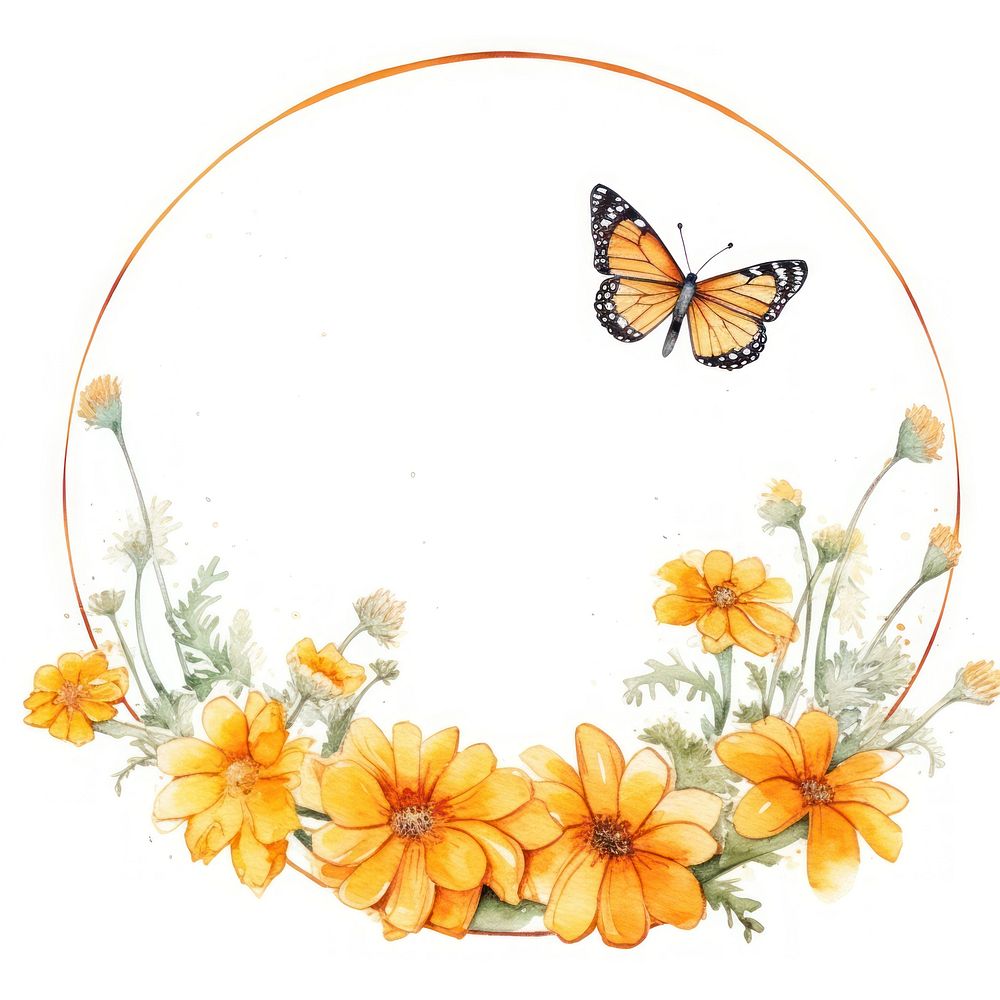 Marigold and butterfly cercle border pattern flower insect.