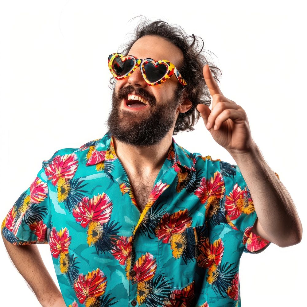 Funny guy with bristle wear tropical shirt adult white background sunglasses.