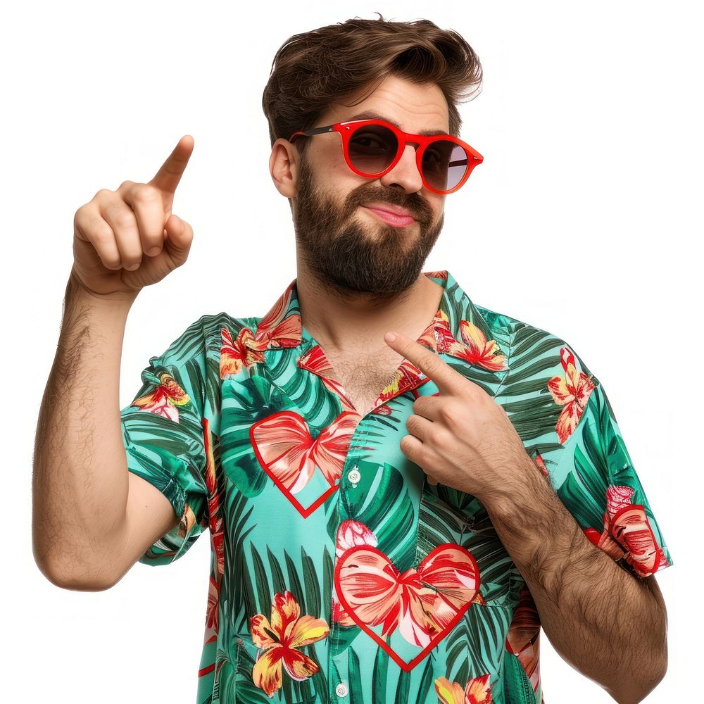 Funny guy with bristle wear tropical shirt hand adult white background.