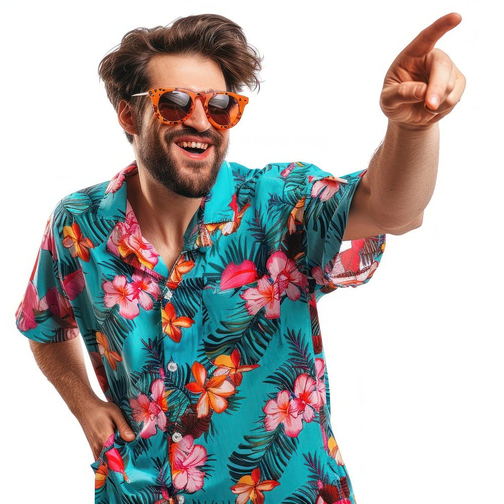 Funny guy with bristle wear tropical shirt adult hand white background.