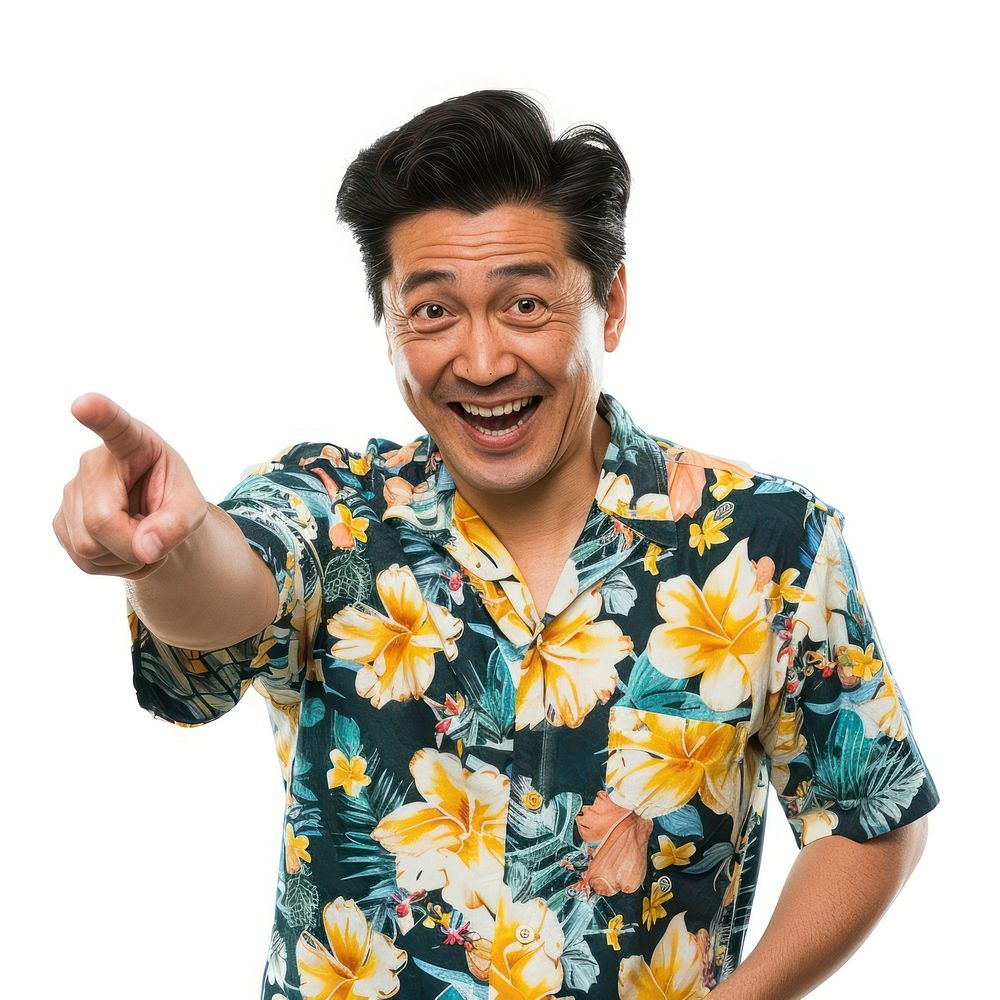 Happy excited face asian man wearing beach shirt laughing portrait smile.