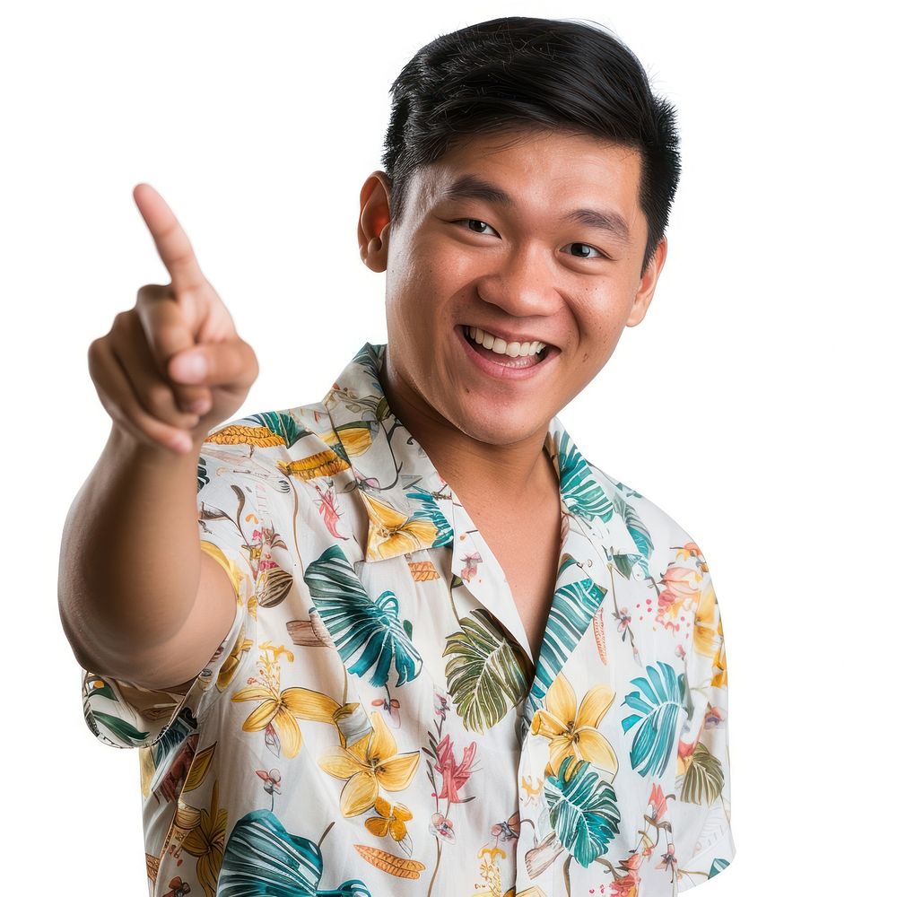 Happy excited face asian man wearing beach shirt hand portrait finger.