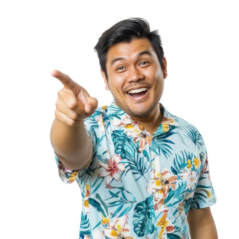 Happy excited face asian man wearing beach shirt hand pointing finger.