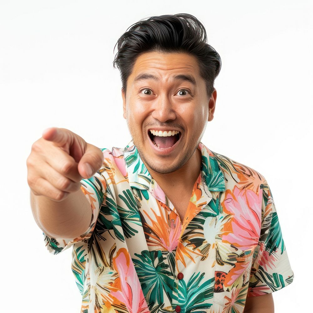 Happy excited face asian man wearing beach shirt shouting portrait photo.