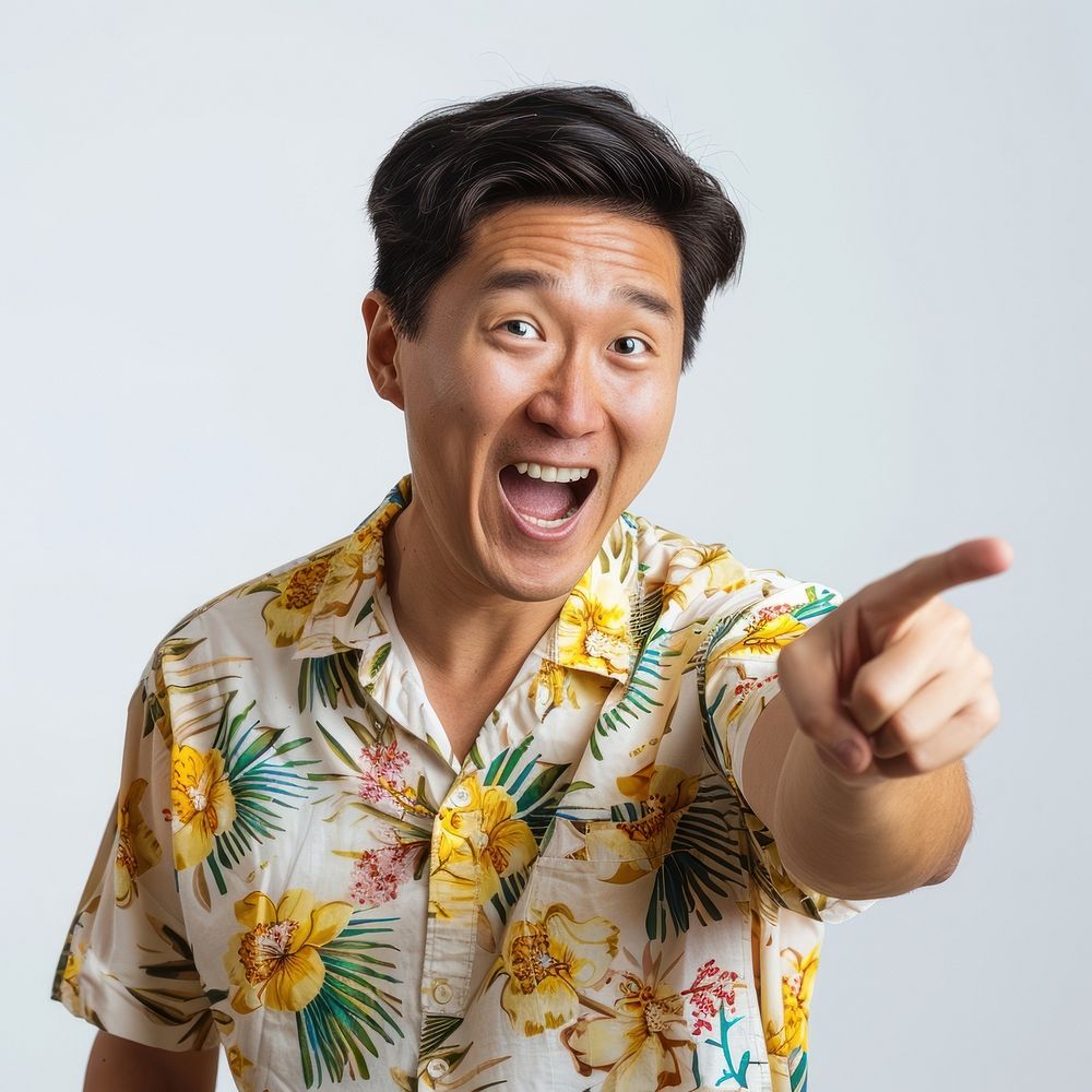 Happy excited face asian man wearing beach shirt shouting adult hand.