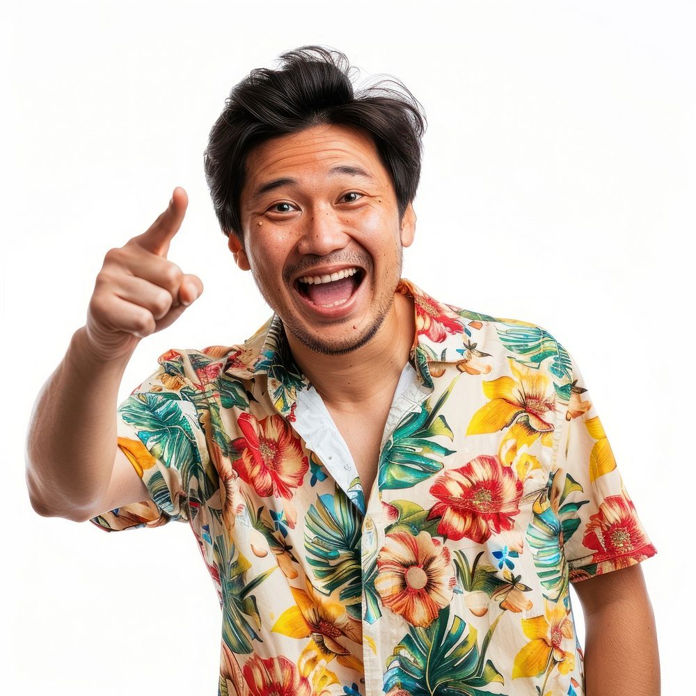 Happy excited face asian man wearing beach shirt laughing adult hand.