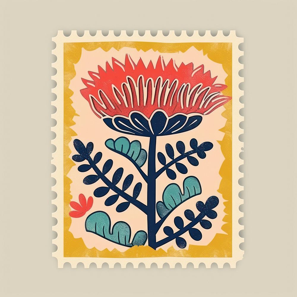 Flower with Risograph style postage stamp creativity needlework.