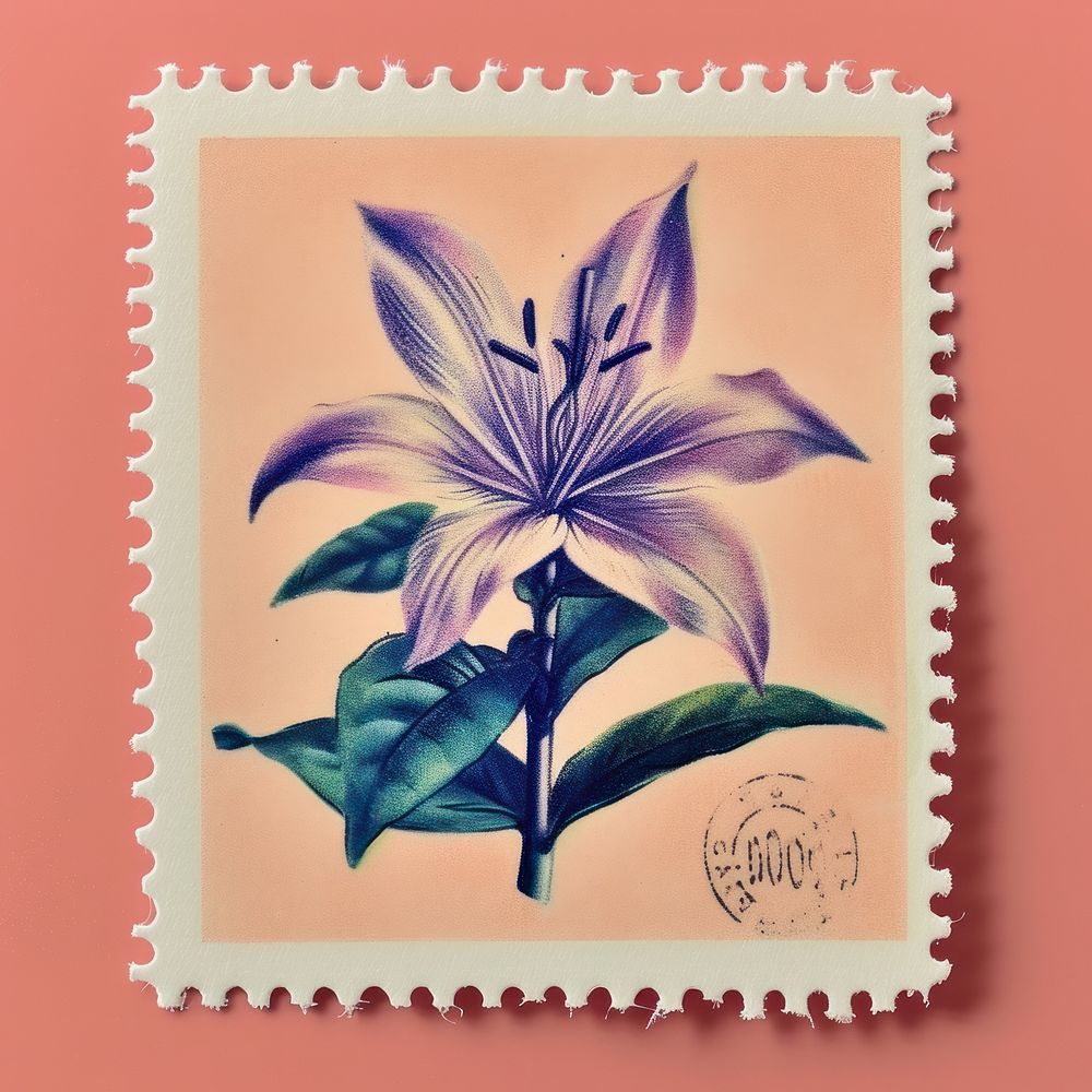 Flower with Risograph style plant petal postage stamp.