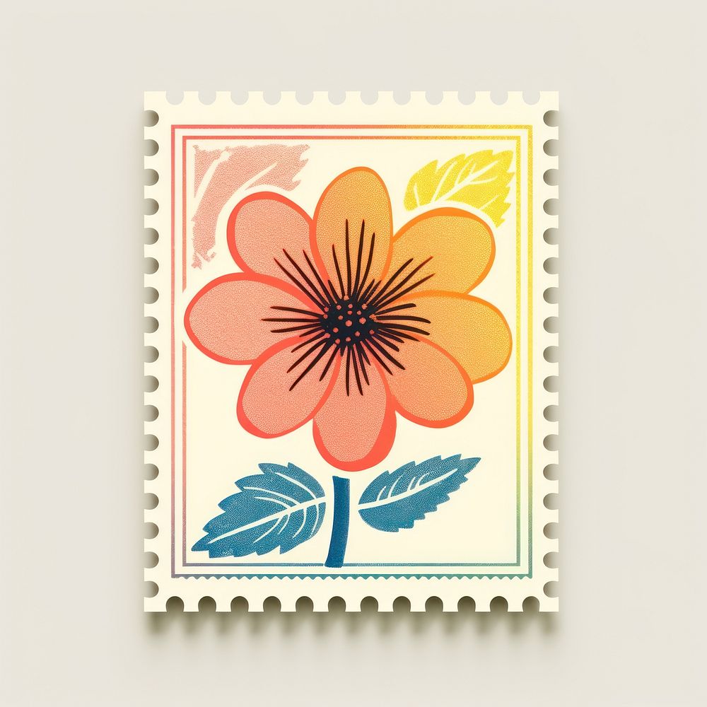 Flower with Risograph style plant inflorescence postage stamp.