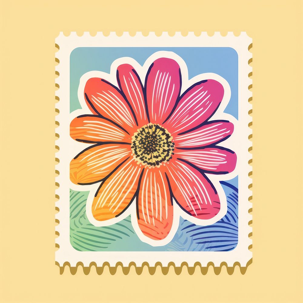 Flower with Risograph style daisy inflorescence postage stamp.