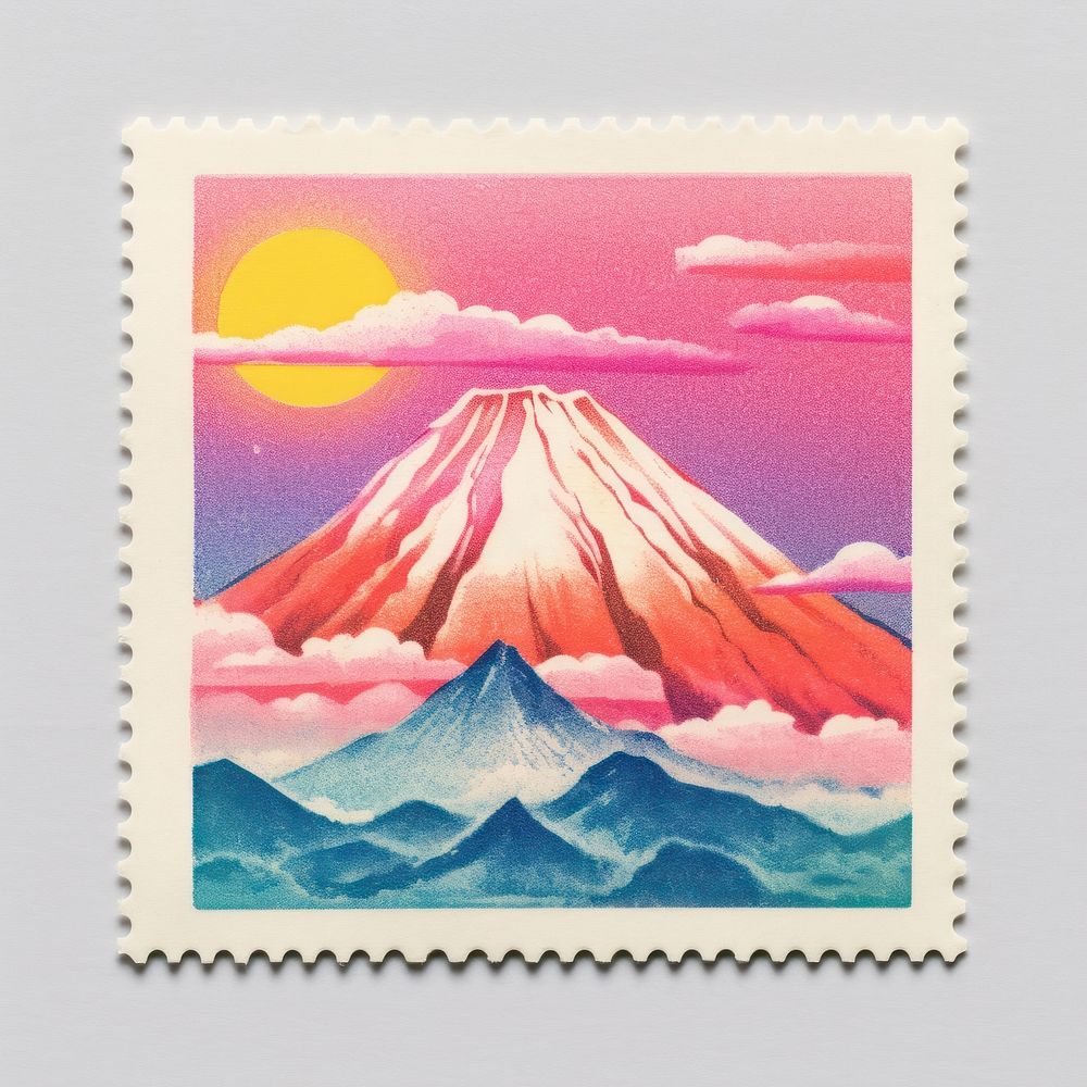 Fuji with Risograph style mountain nature stratovolcano.