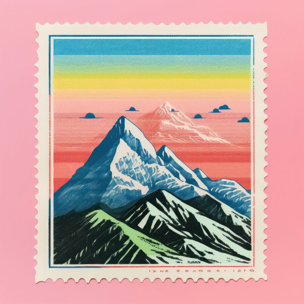 Mountain with Risograph style letter postage stamp landscape.
