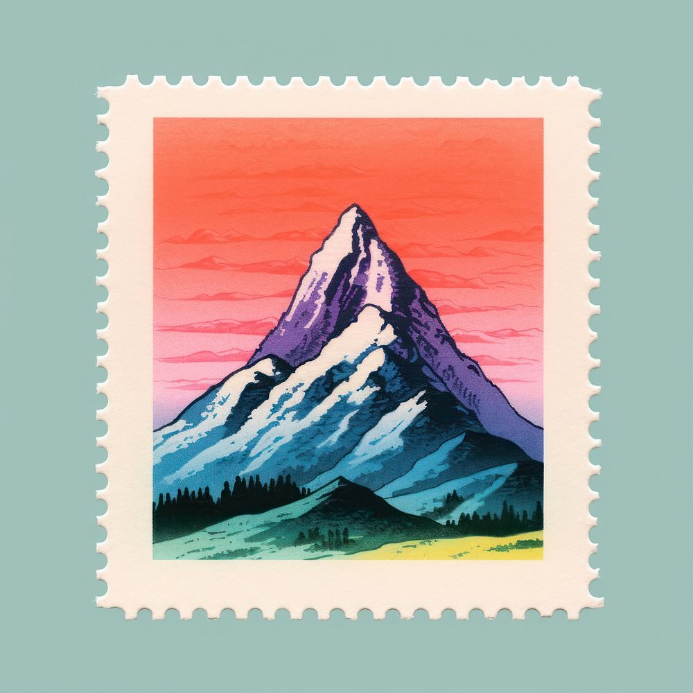 Mountain with Risograph style stratovolcano postage stamp wilderness.