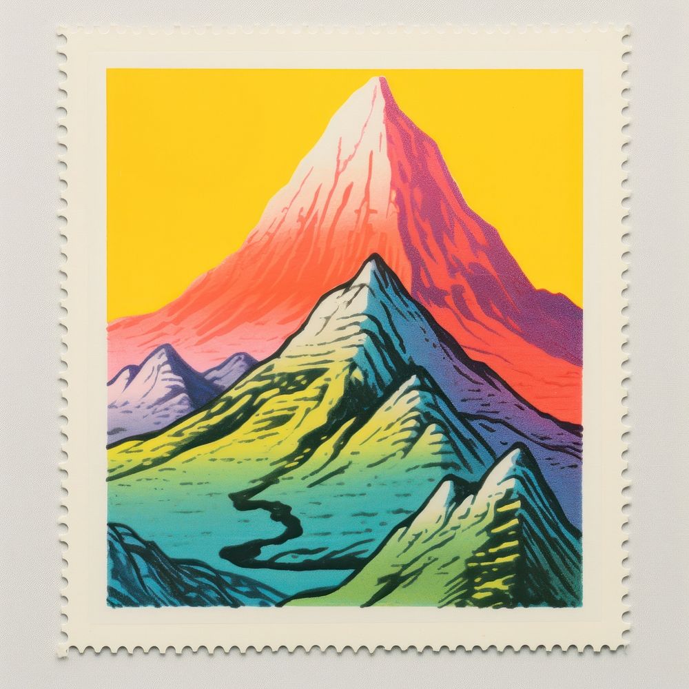 Mountain with Risograph style painting nature art.