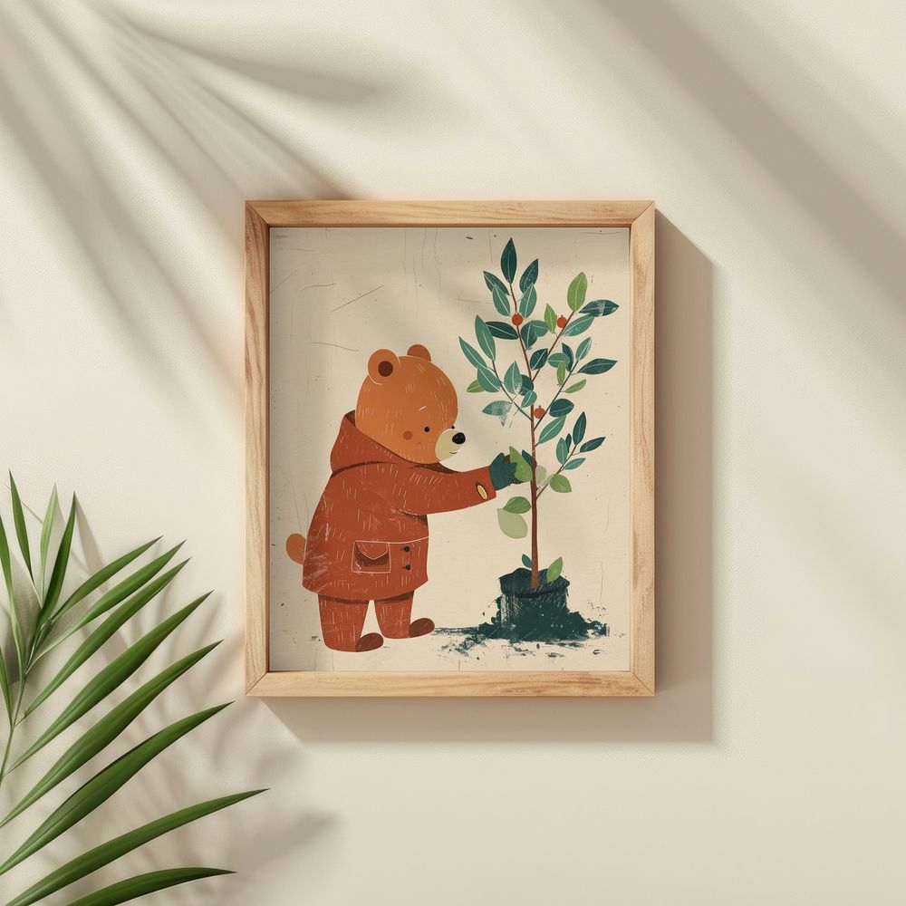 Cute bear planting tree picture frame