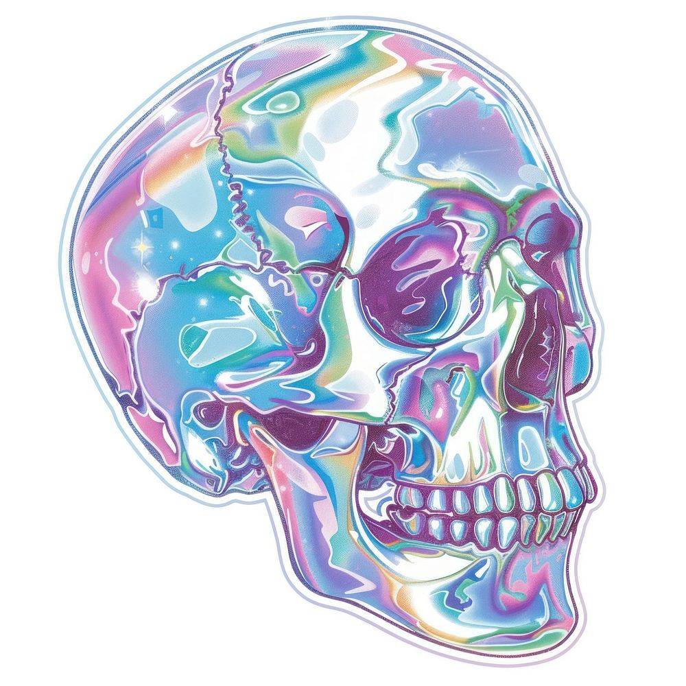 Funny hologram sticker skull drawing sketch art.