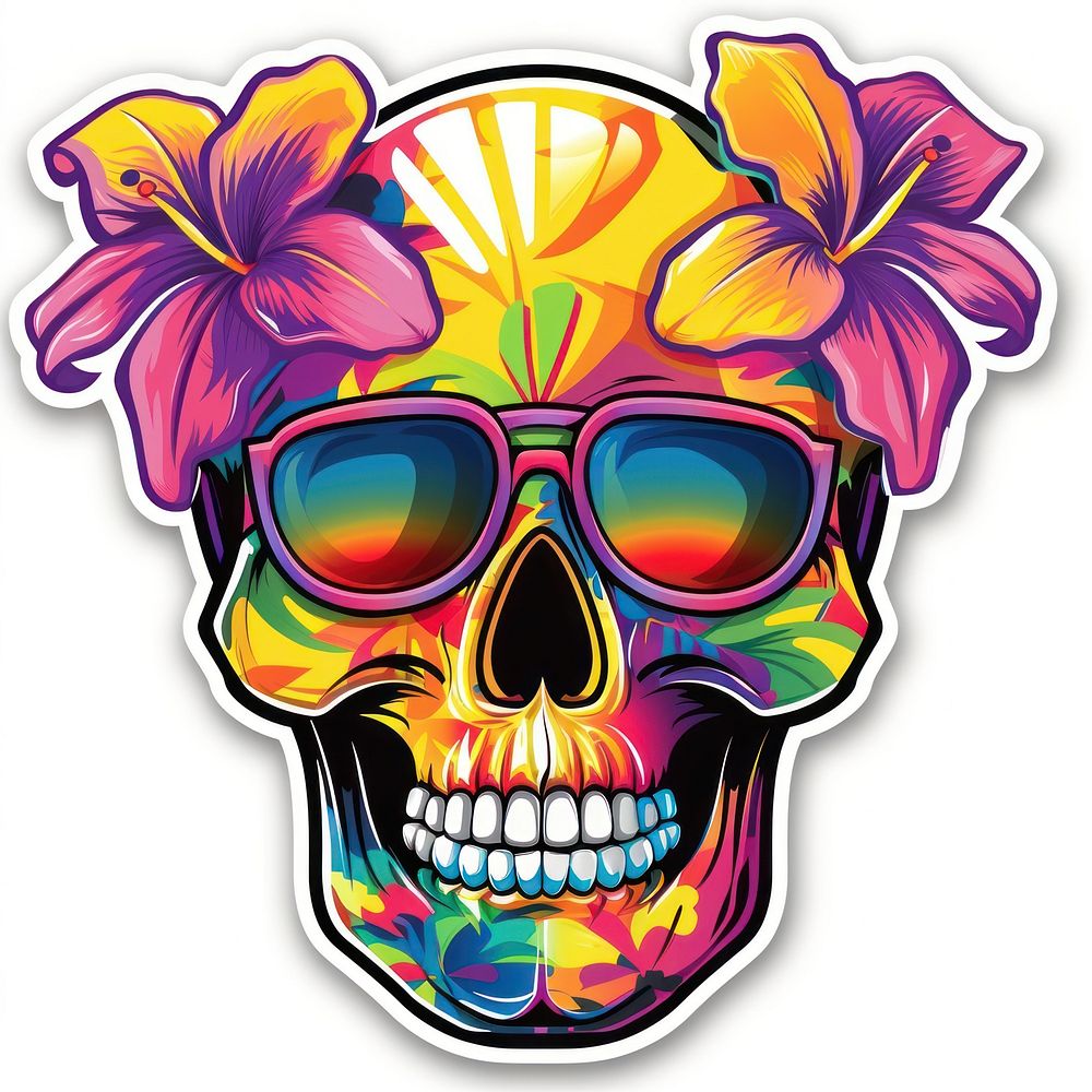 Summer sticker skull purple flower art.