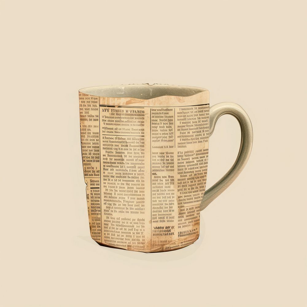 Ephemera paper coffe mug newspaper page text.
