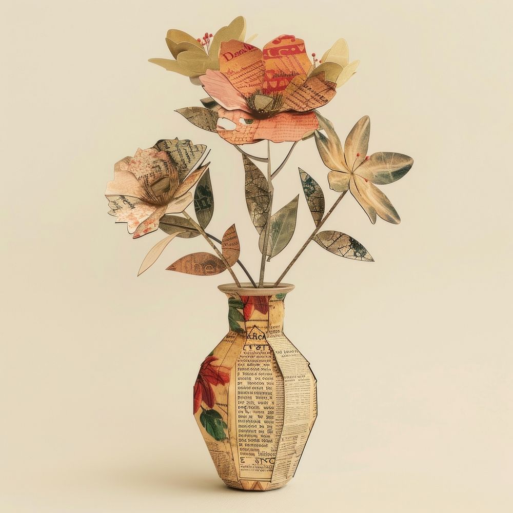 Ephemera paper flower vase art craft plant.