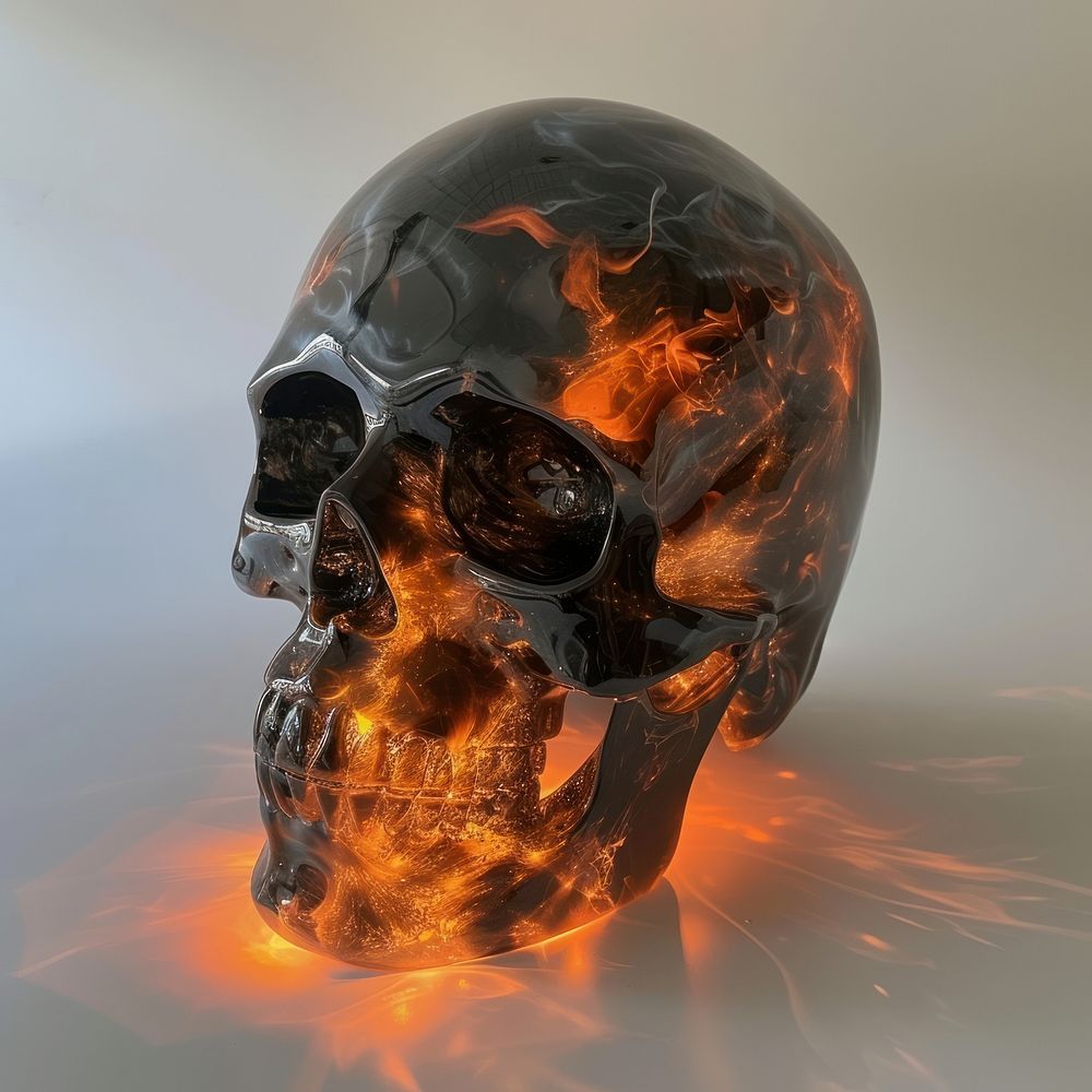 Fire skull sculpture halloween darkness.