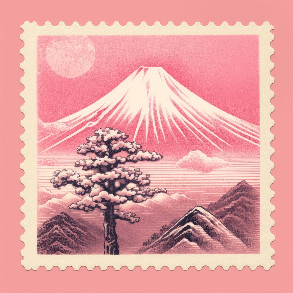 Fuji with Risograph style pink postage stamp mountain.