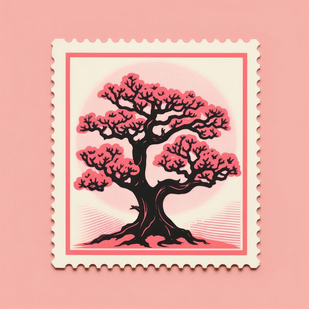 Tree with Risograph style plant pink postage stamp.