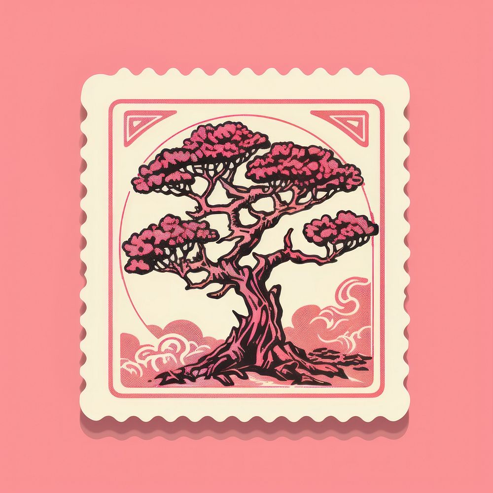 Tree with Risograph style plant pink postage stamp.