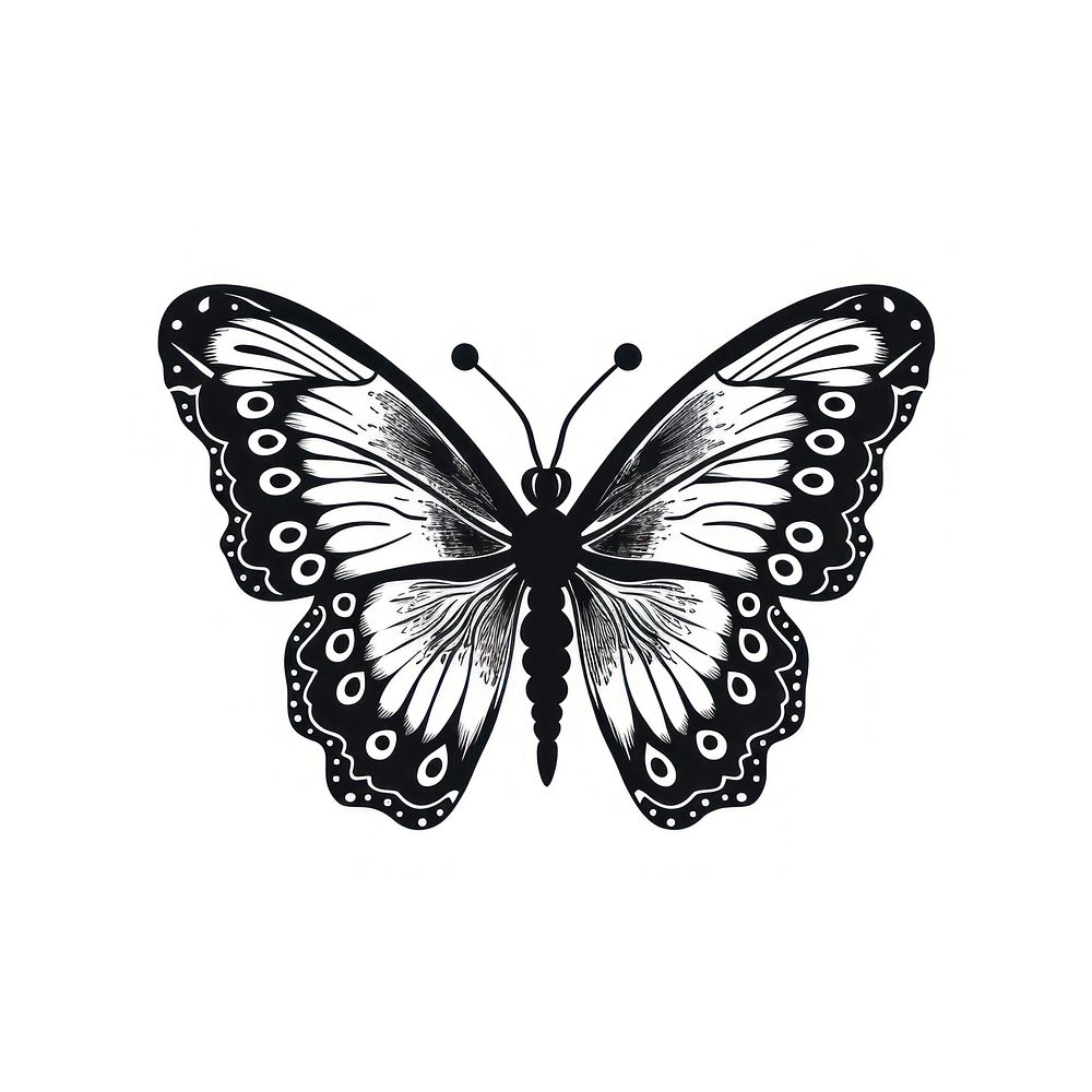 A black doodle butterfly old school hand poke tattoo style drawing animal insect.