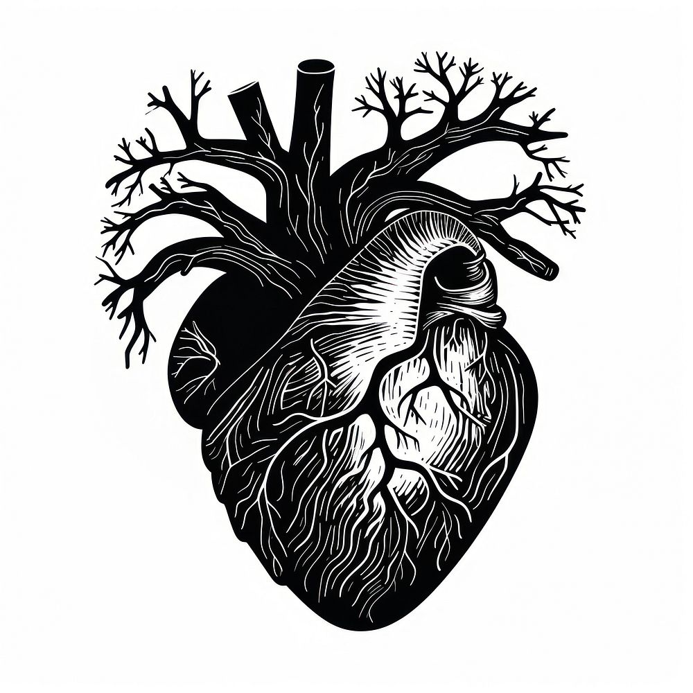 A black human heart old school hand poke tattoo style drawing sketch line.
