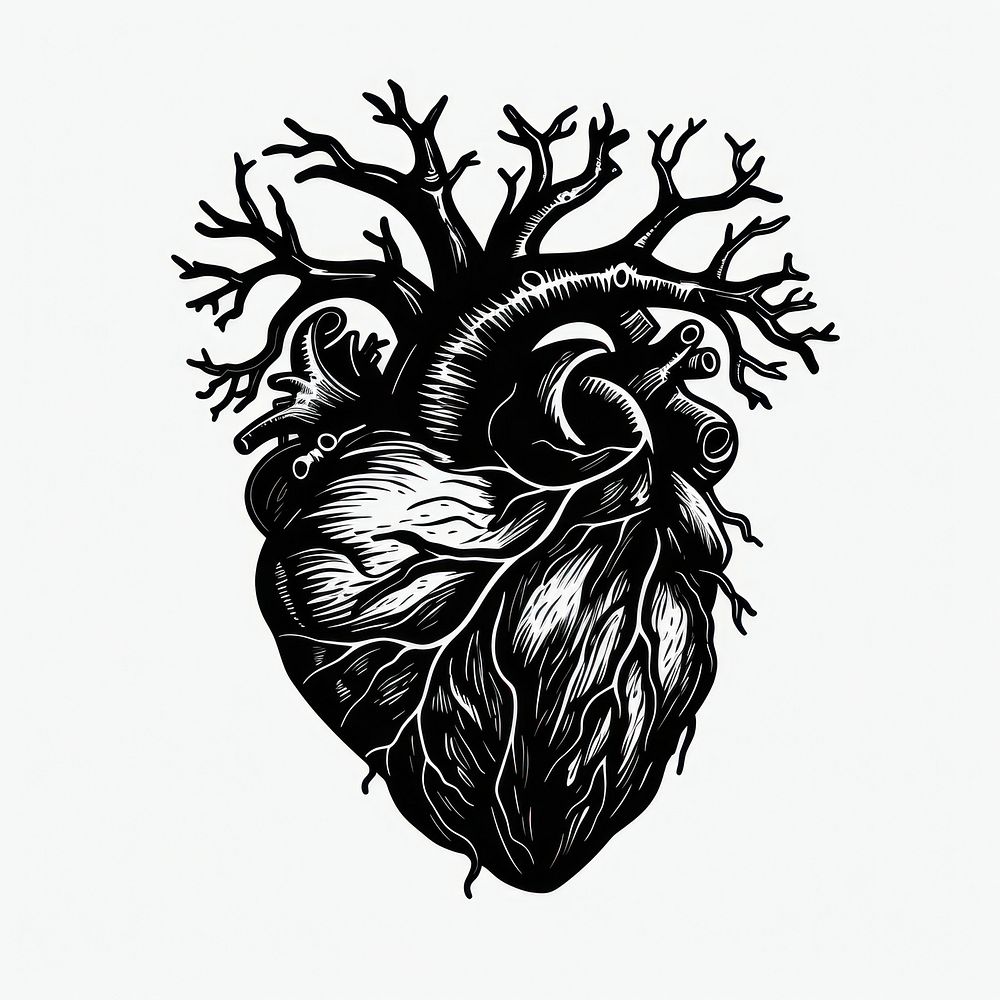 A black human heart old school hand poke tattoo style drawing sketch logo.