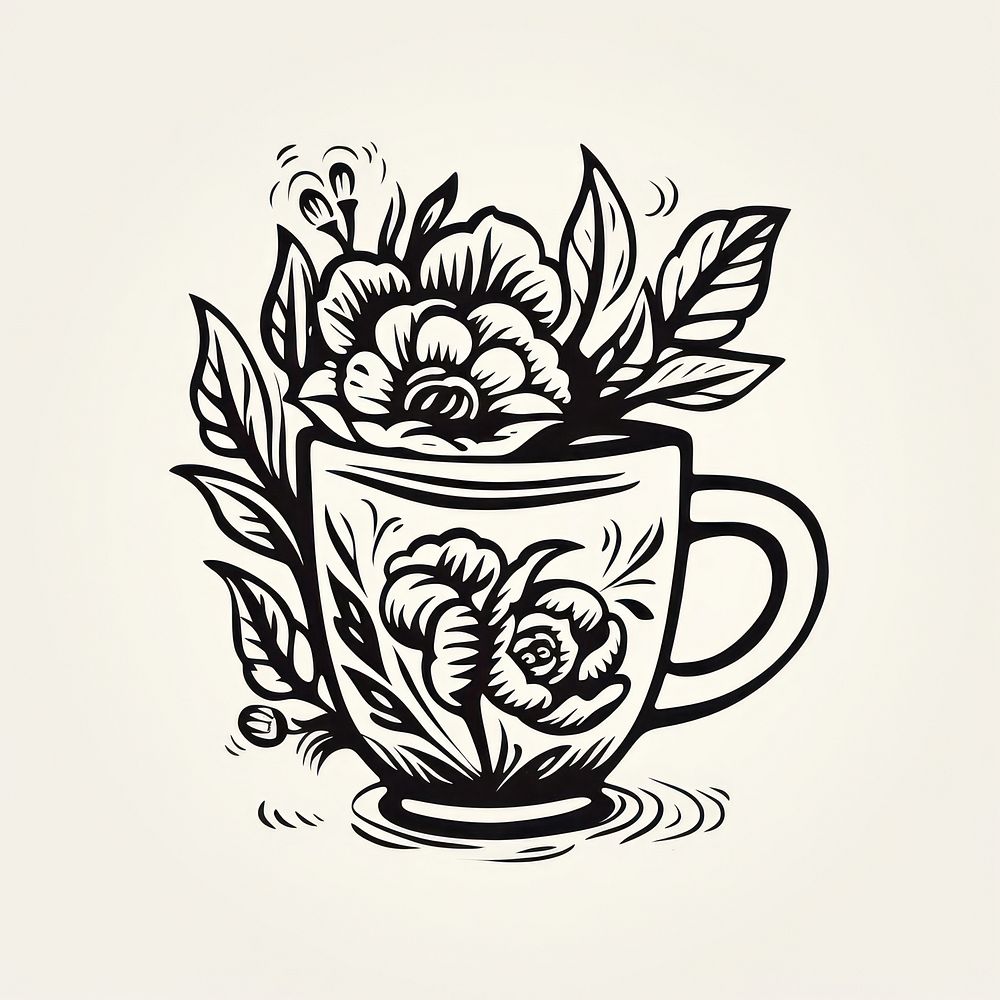 A mug of coffee oldschool hand poke tattoo style graphics pattern drawing.