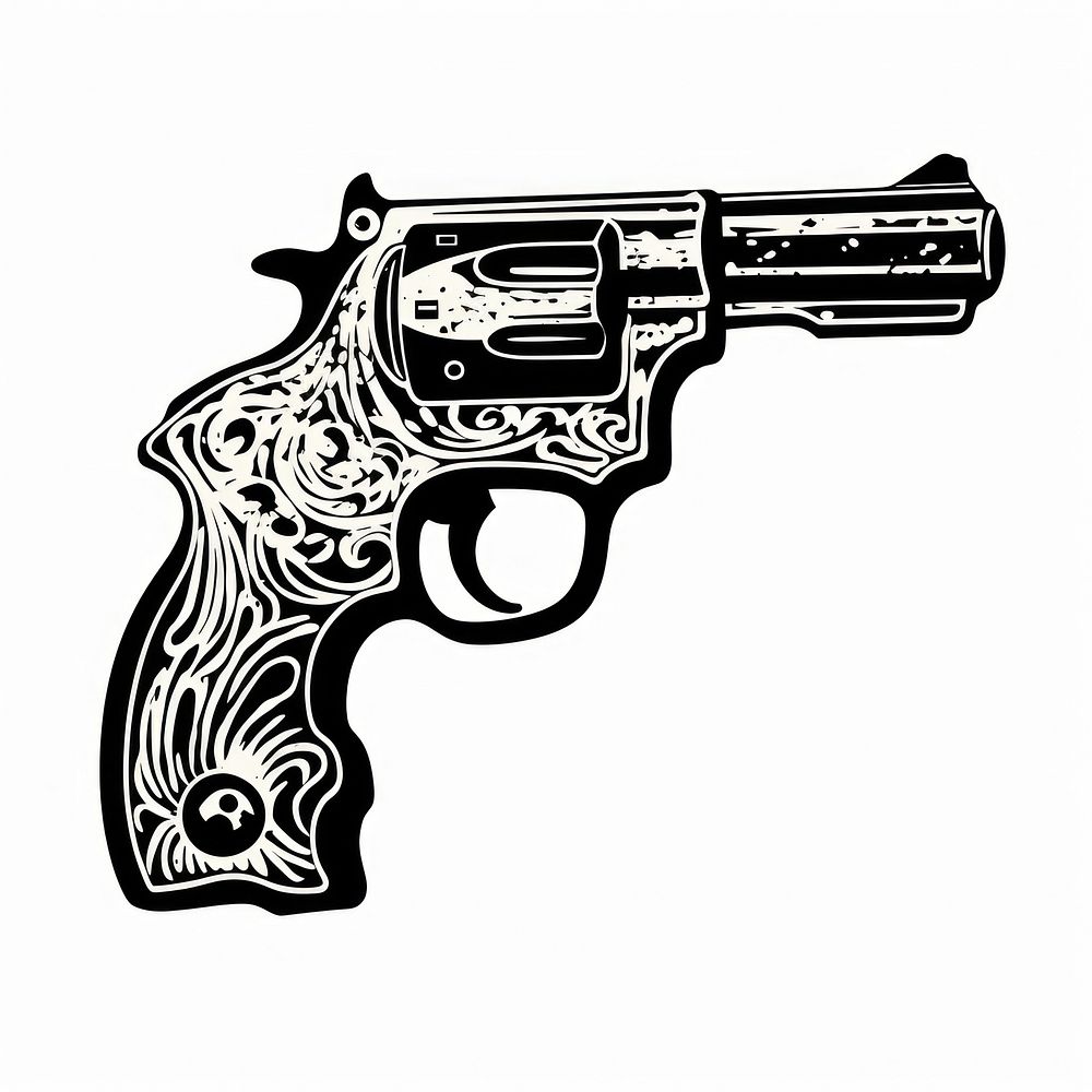 A pistol oldschool handpoke tattoo style handgun weapon white background.