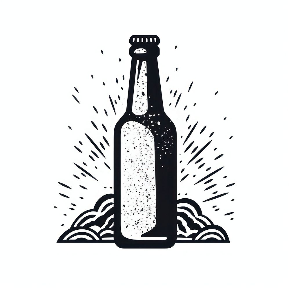 A simple bottle of beer in oldschool handpoke tattoo style drink white background condensation.